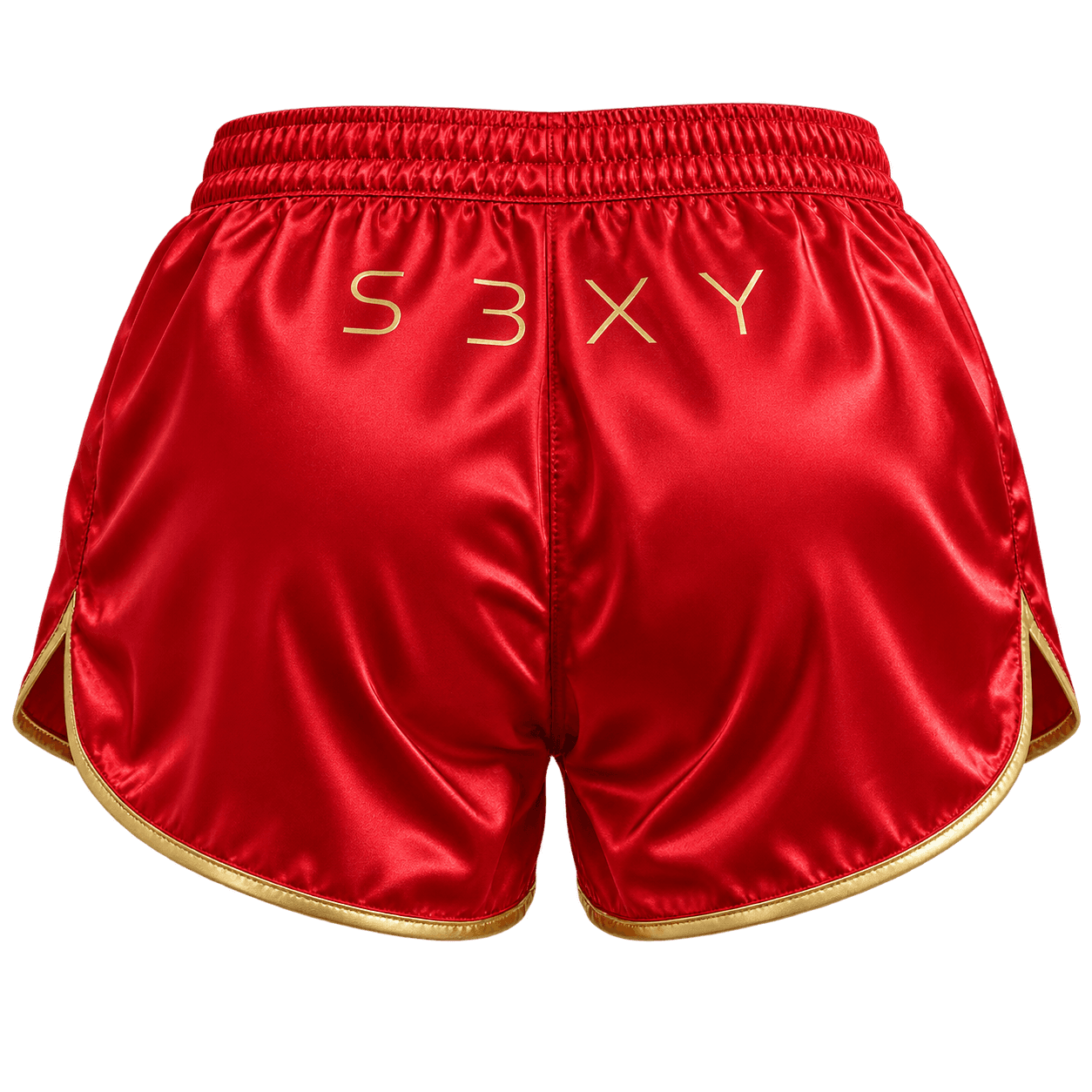 Floating red satin short shorts with thin gold S3XY lettering and gold trim.